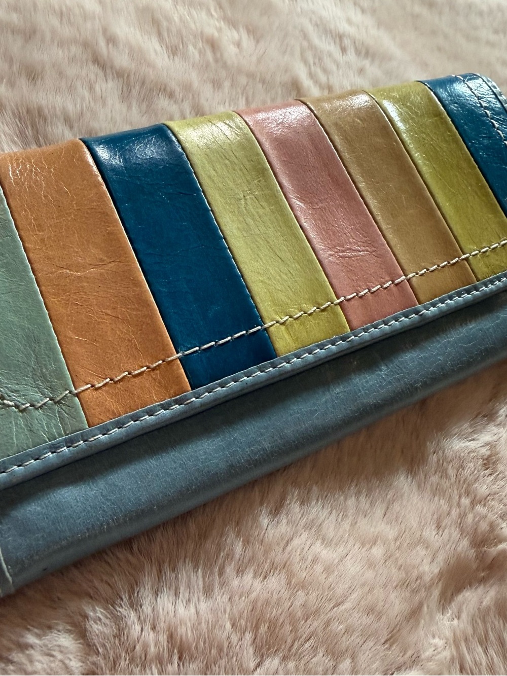 Fossil Vintage Blue Leather Multicolor Striped Flap Clutch Wallet